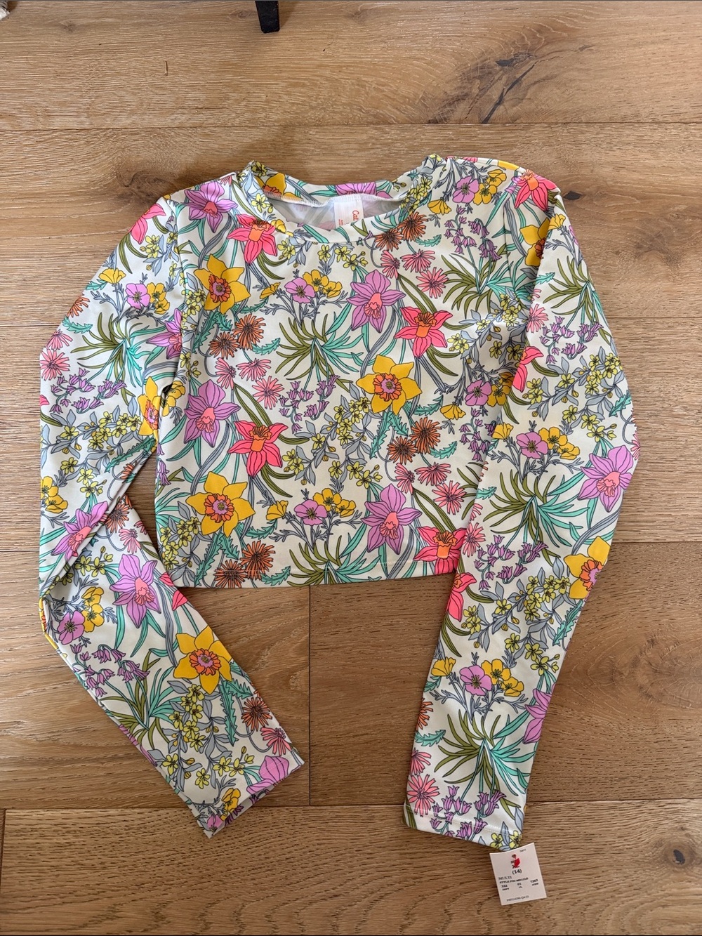 Cat & Jack Floral Long-Sleeve Swim Crop Top - White with Pink & Yellow Flowers